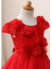 Cap Sleeves Red Lace Tulle 3D Flowers Flower Girl Dress